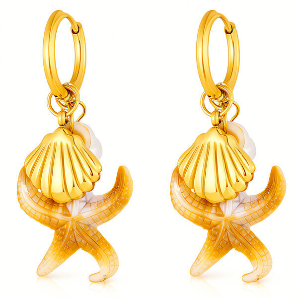 "Starfish And Seashell" Earrings, 18K Gold Plated Steel