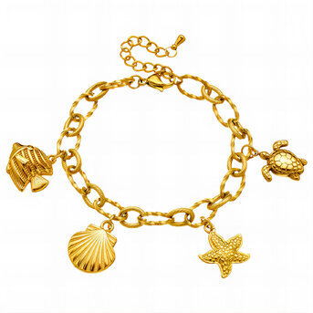 "Starfish and Seashell" Bracelet, 18K Gold Plated Steel