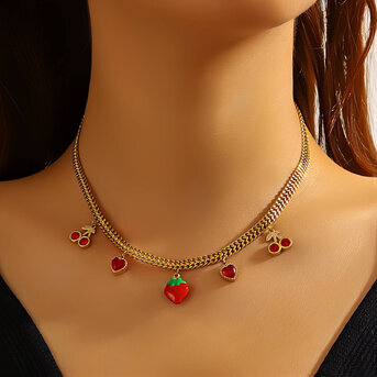"Strawberry" Necklace, 18K Gold Plated Steel