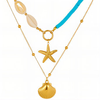 "Starfish And Seashell" Necklace, 18K Gold Plated Steel