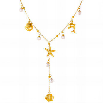 "Starfish and Seashell" Necklace, 18K Gold Plated Steel