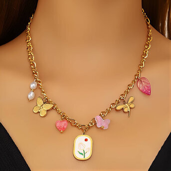 "Flower" Necklace, 18K Gold Plated Steel