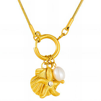 "Starfish And Seashell" Necklace, 18K Gold Plated Steel