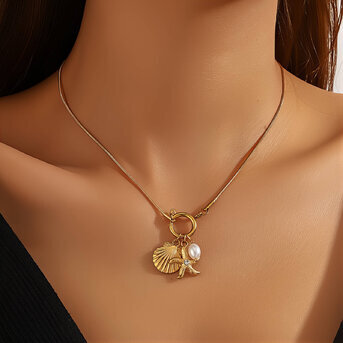 "Starfish And Seashell" Necklace, 18K Gold Plated Steel
