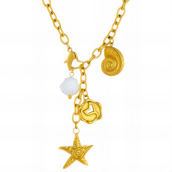"Starfish And Seashell" Necklace, 18K Gold Plated Steel