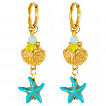 "Starfish And Seashell" Earrings, 18K Gold Plated Steel