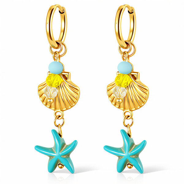 "Starfish And Seashell" Earrings, 18K Gold Plated Steel