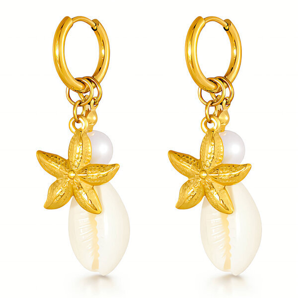 "Starfish And Seashell" Earrings, 18K Gold Plated Steel