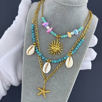 "Starfish And Seashell" Necklace, 18K Gold Plated Steel